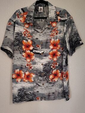 Men's Gray Casual Button-Down Shirt with Orange Floral Print WMN